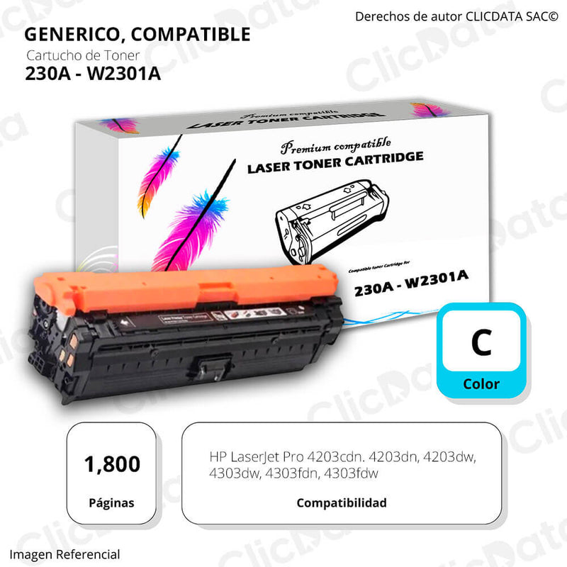 Toner Hp 230A Cyan W2301A 1,800 Pág. 4303fdn, 4203dn Compatible