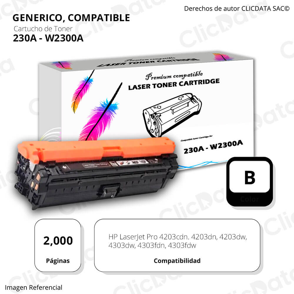 Toner Hp 230A Black W2300A 2,000 Pág. Pro 4203, 4303fdn, 4203dn Compatible