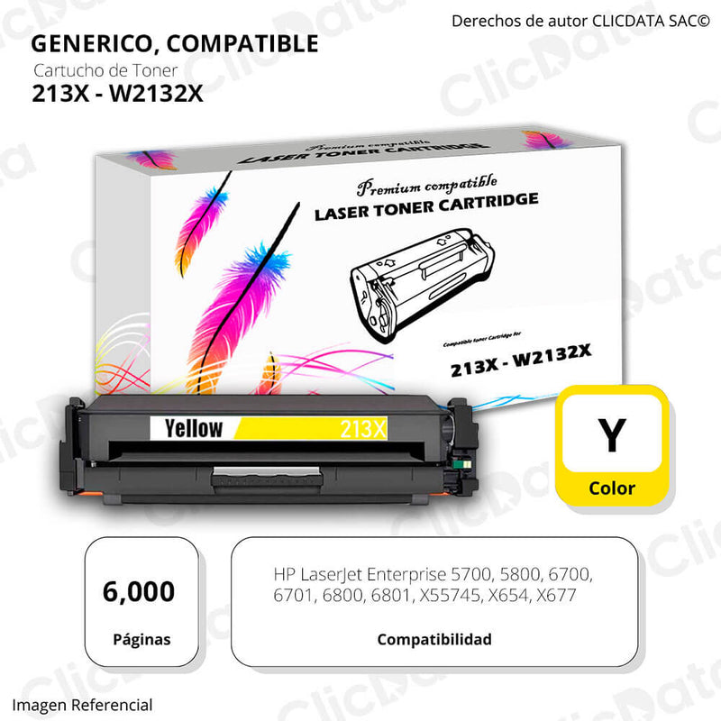 Toner Hp 213X Yellow W2132X 6,000 Pág. 5800, X654 Compatible