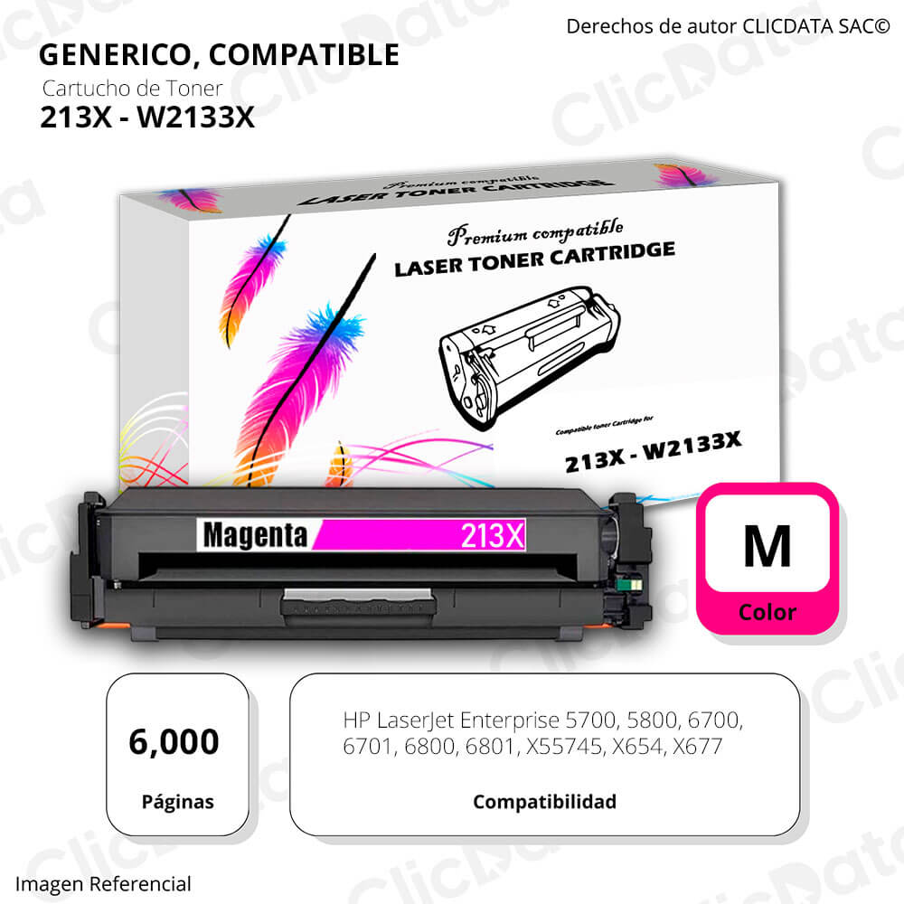 Toner Hp 213X Magenta W2133X 6,000 Pág. 5800, X654 Compatible