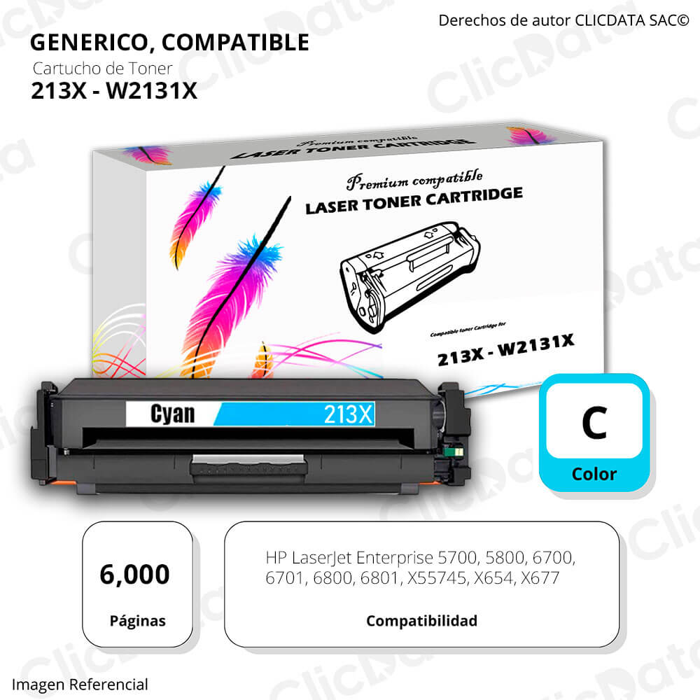 Toner Hp 213X Cyan W2131X 6,000 Pág. 5800, X654 Compatible