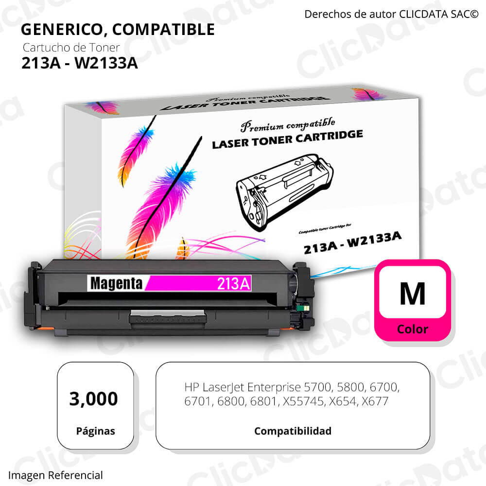 Toner Hp 213A Magenta W2133A 3,000 Pág. 5800, X654 Compatible