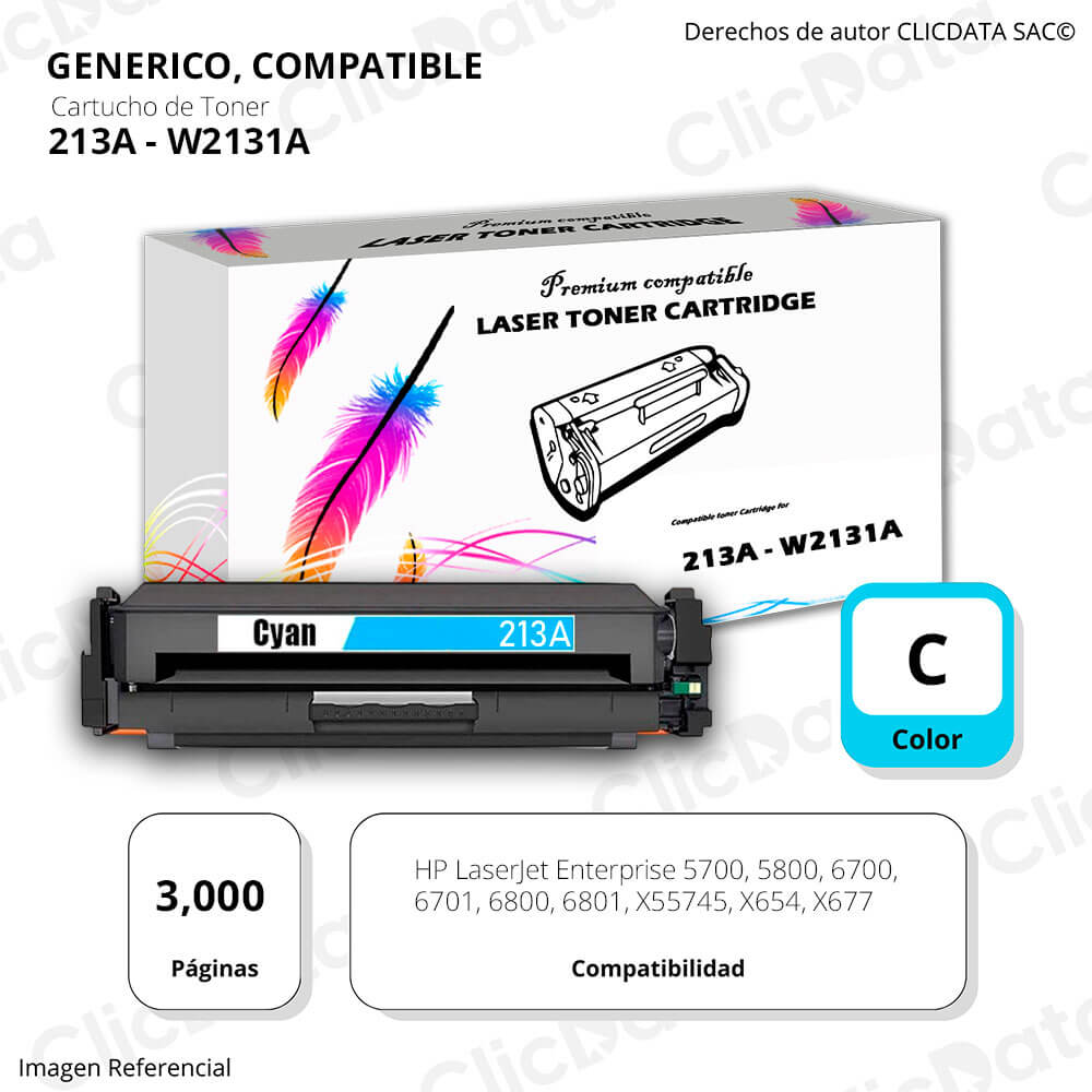 Toner Hp 213A Cyan W2131A 3,000 Pág. 5800, X654 Compatible