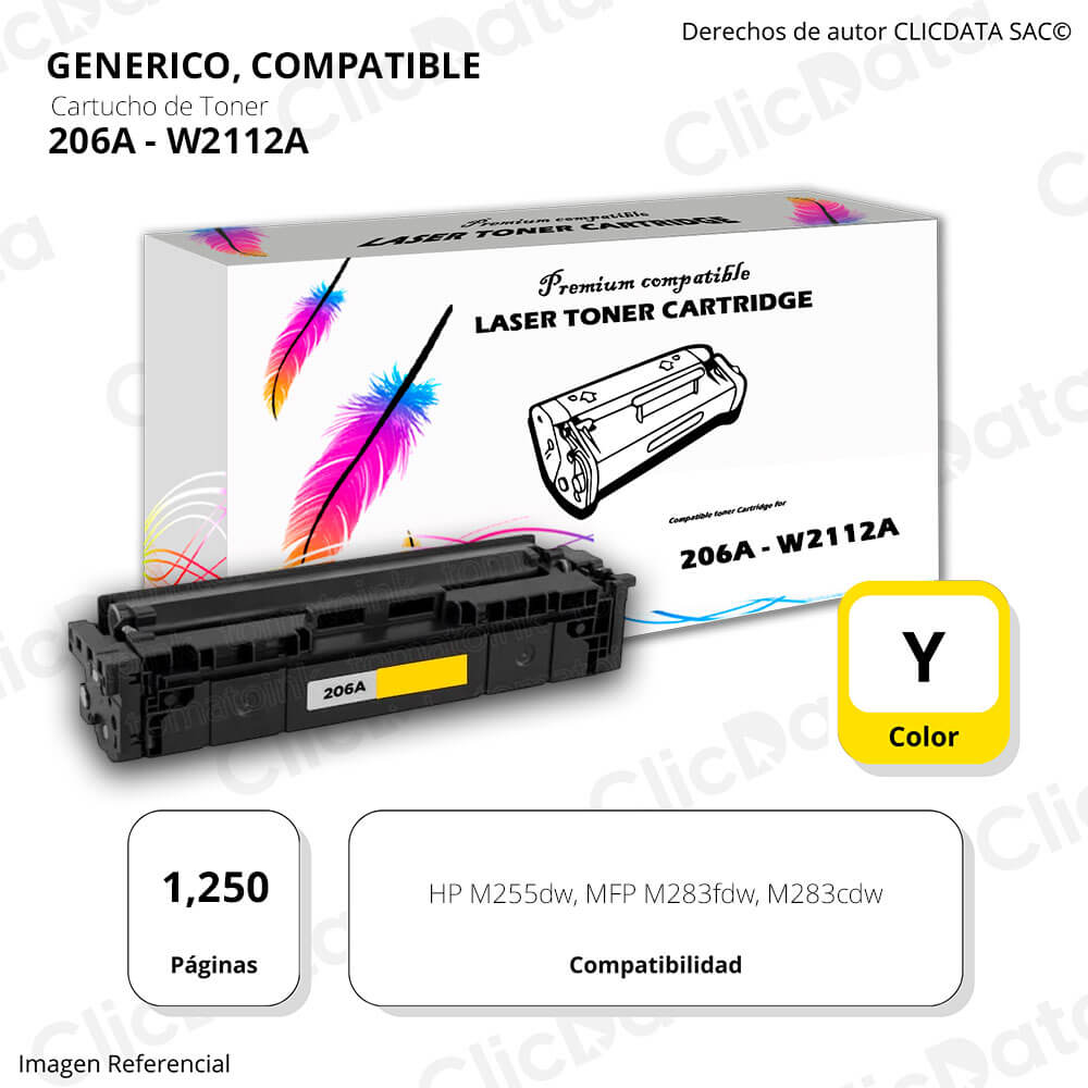 Toner HP 206A Yellow W2112A 1,250 Pág. M283fdw, M255dw Compatible