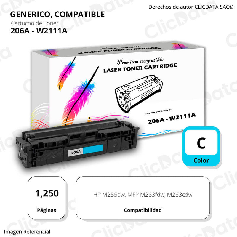 Toner HP 206A Cyan W2111A 1.250 Pág. M283fdw, M255dw Compatible