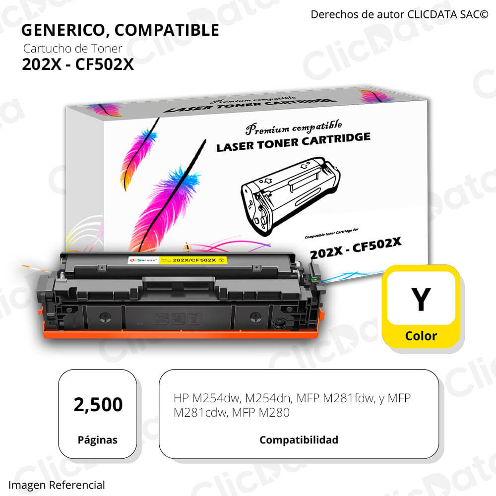 Toner HP 202X Yellow CF502X 2,500 Pág. M281cdw, M254dn Compatible
