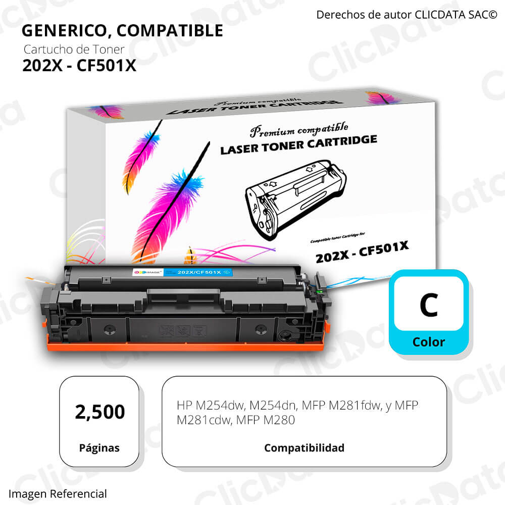 Toner HP 202X Cyan CF501X 2,500 Pág M281cdw, M254dn Compatible