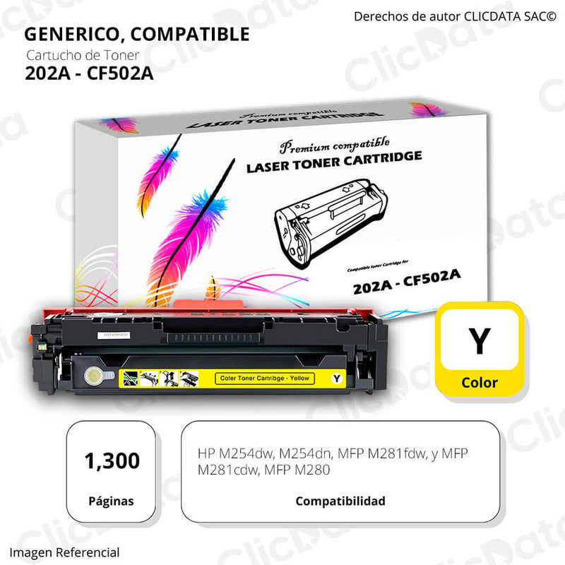 Toner HP 202A Amarrillo CF502A 1,300 Pág. M254 Compatible
