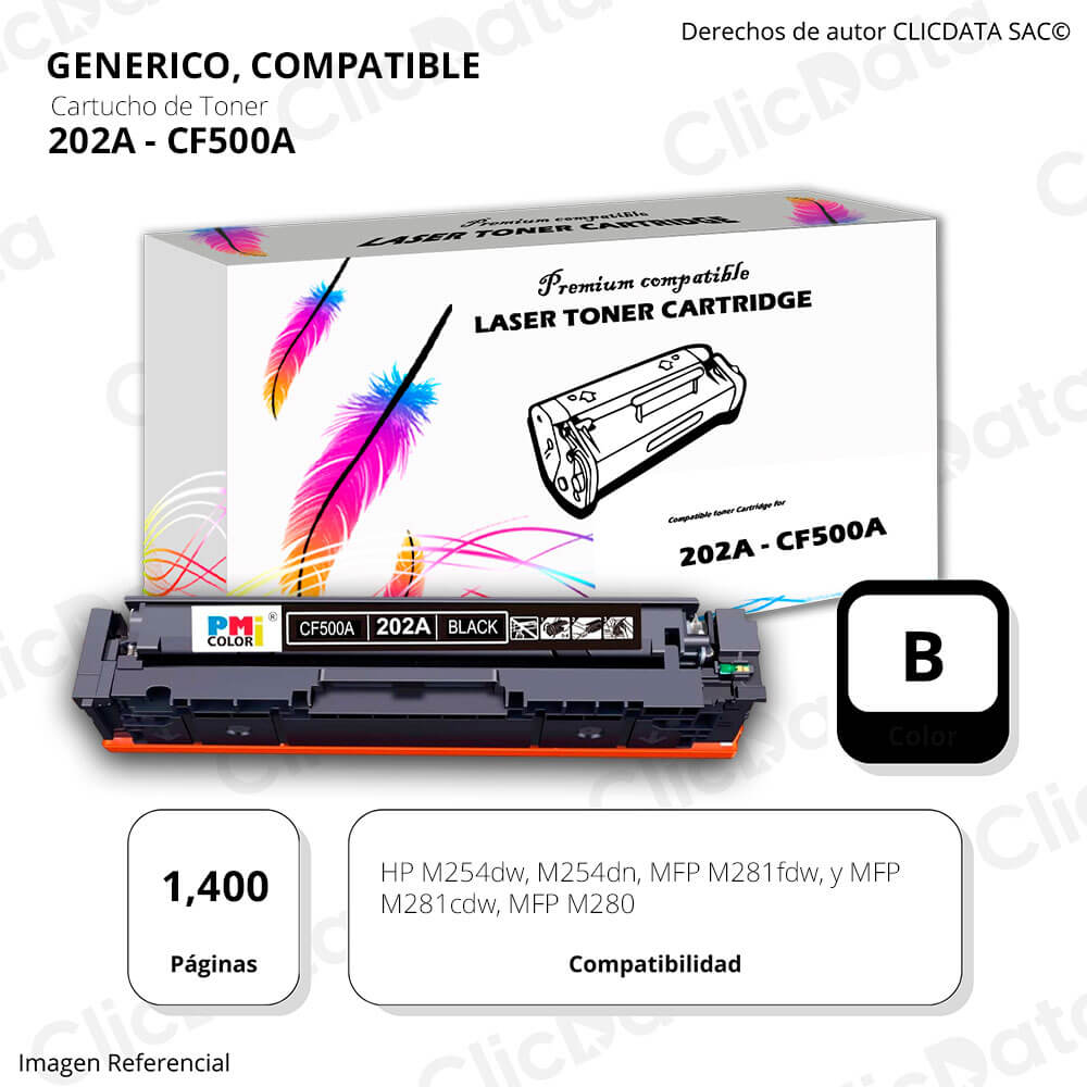 Toner HP 202A Negro CF500A 1,400 Pág. M281cdw, M254dn Compatible