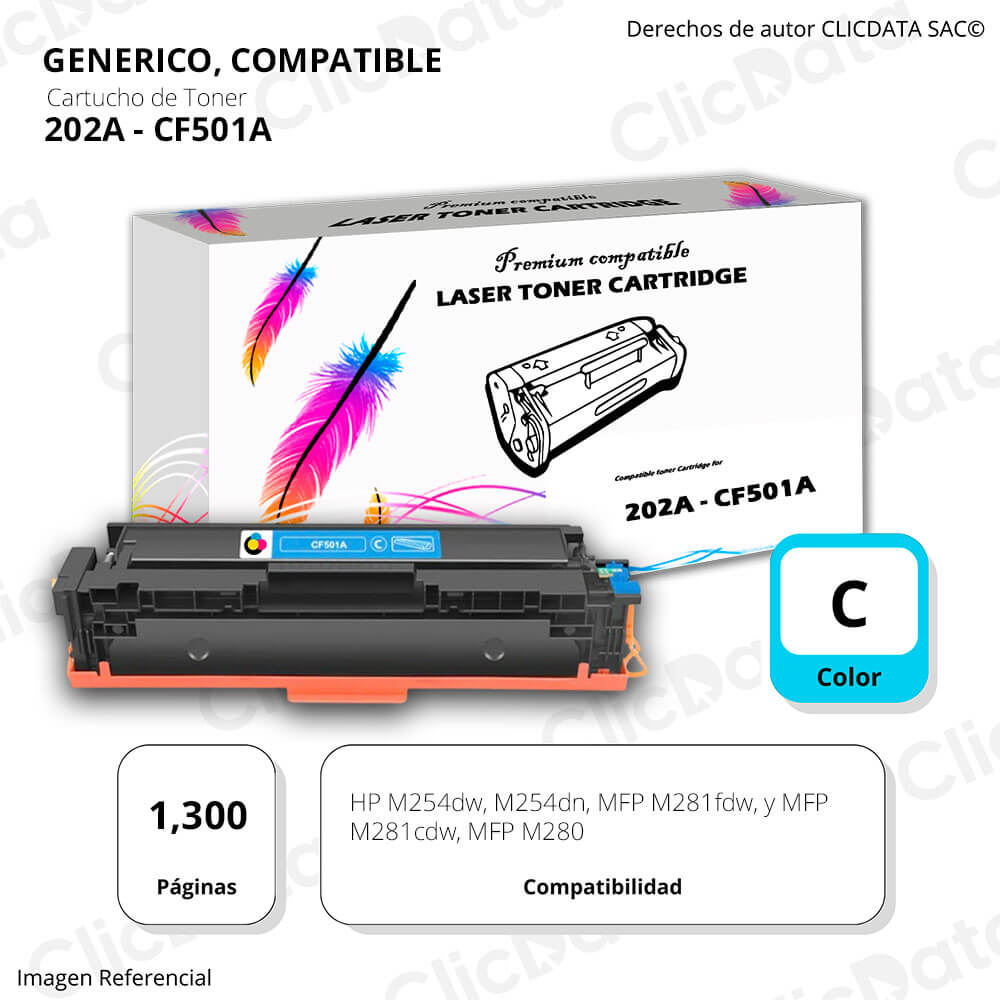 Toner HP 202A Cyan CF501A 1,300 Pág. M281cdw, M254dn Compatible