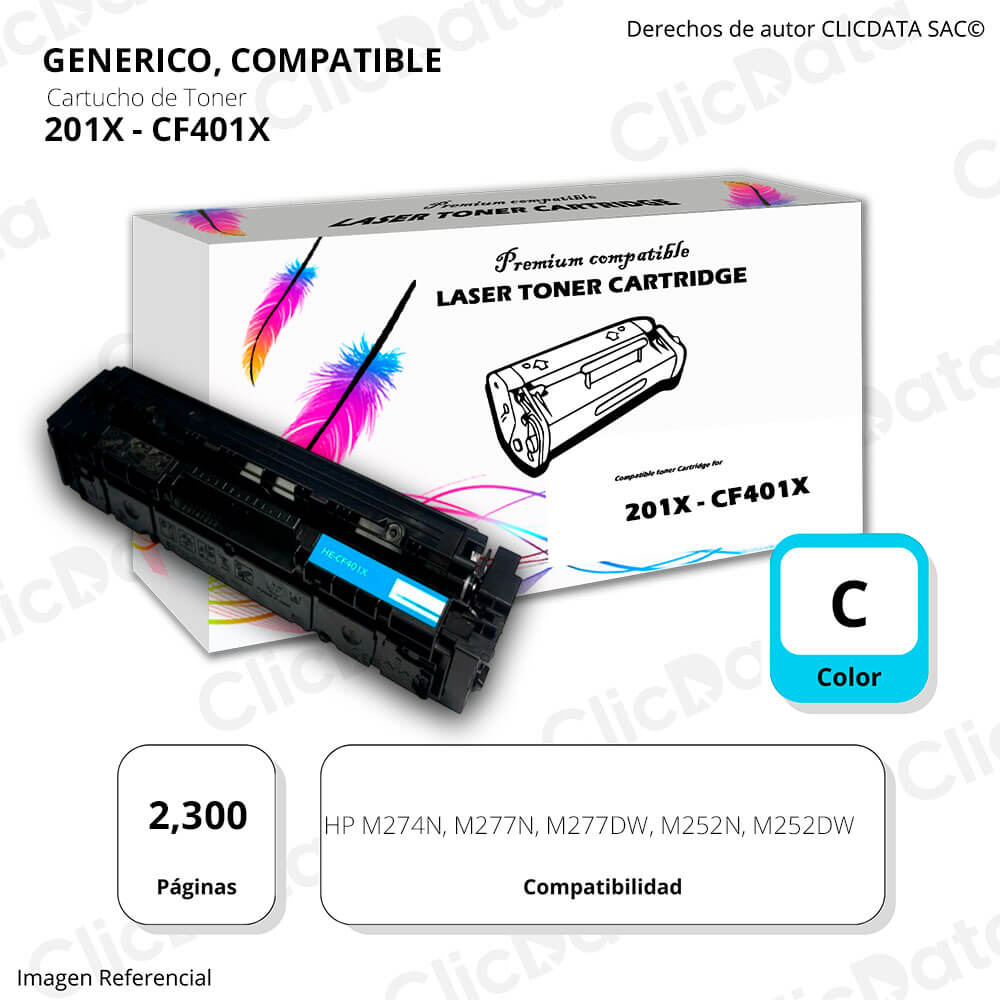 Toner HP 201X Cyan CF401X 2,300 Pág M274n, M277dw Compatible