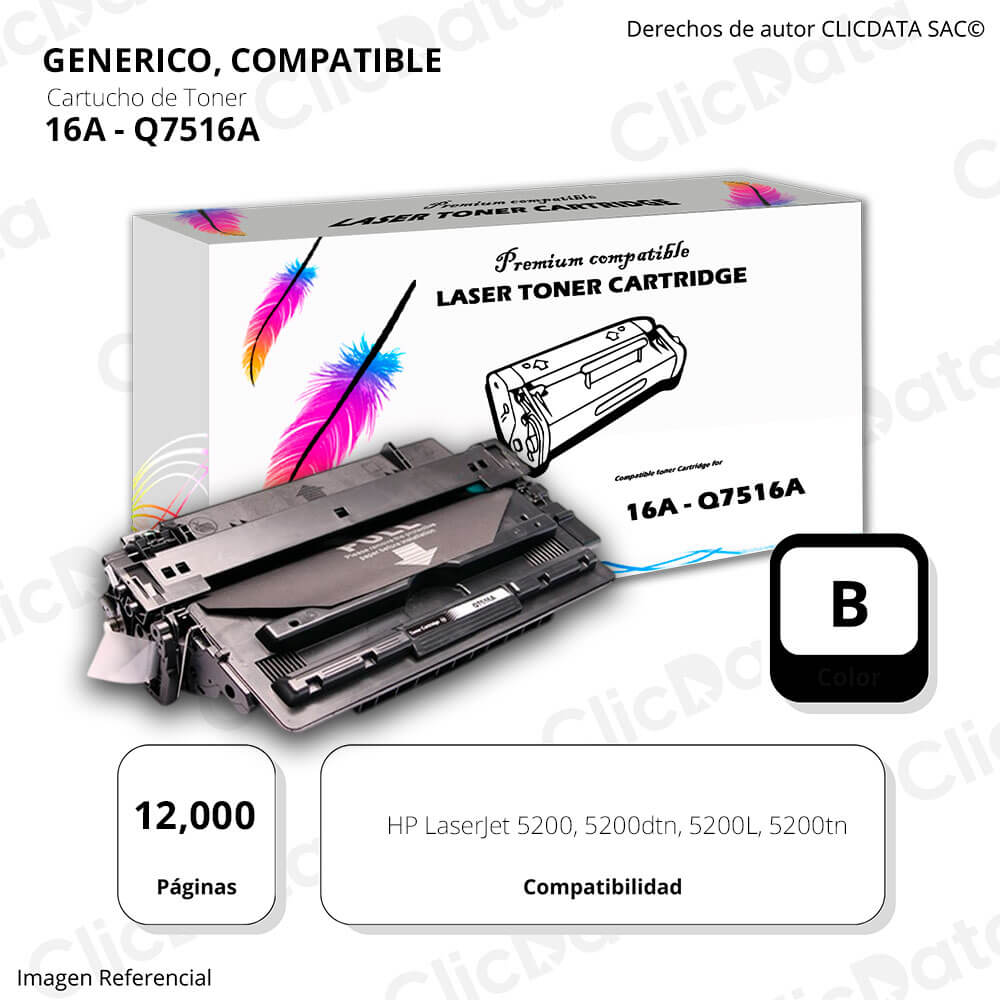 Toner HP 16A Negro Q7516A 12,000 Pág. 5200, 5200L Compatible