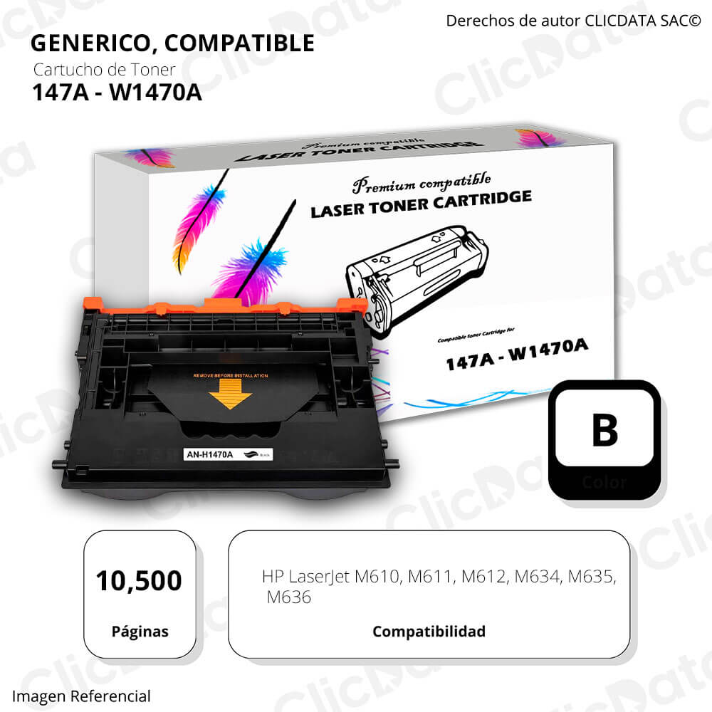 Toner Hp 147A Negro W1470A 10,500 Pág. M635, M637 Compatible