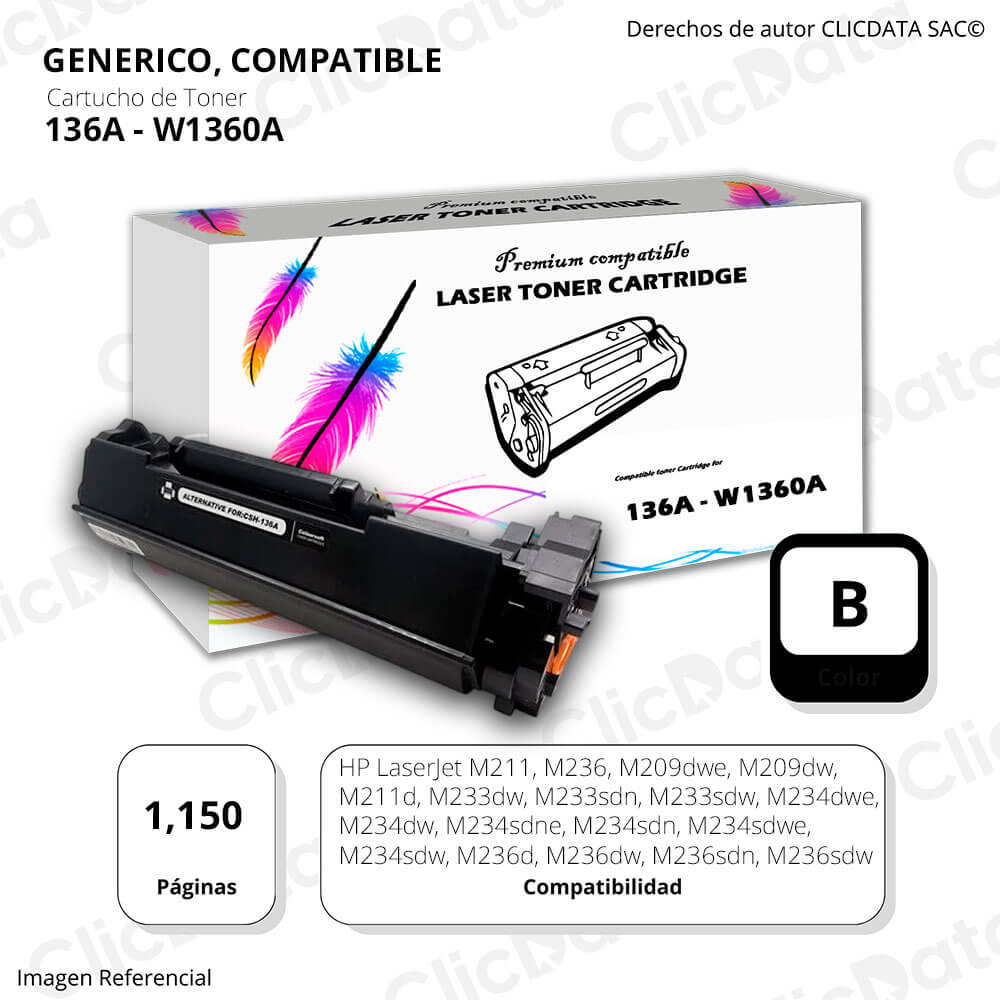 Toner HP 136A Black W1360A 1,150 Pág. M236, M234sdn Compatible