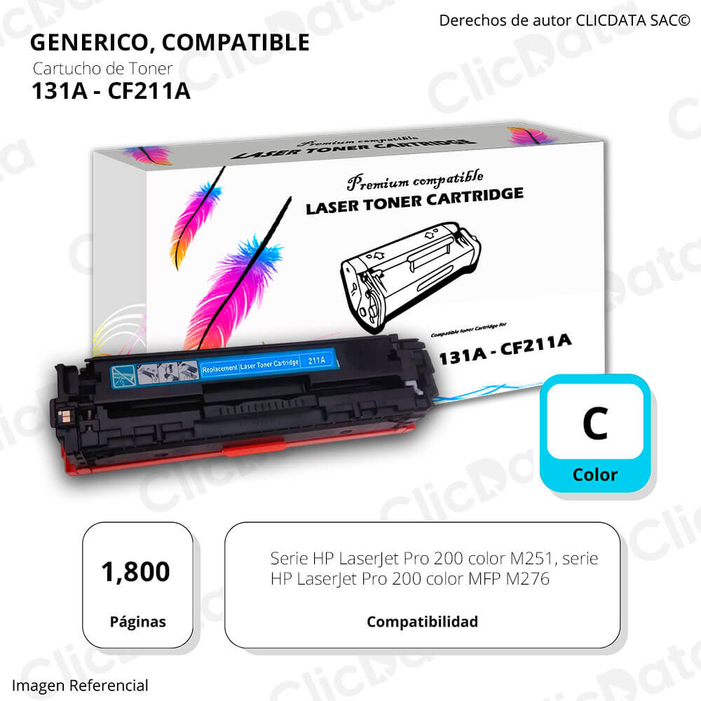 Toner HP 131A Cyan CF211A 1,800 Pág. M251n, M276n Compatible