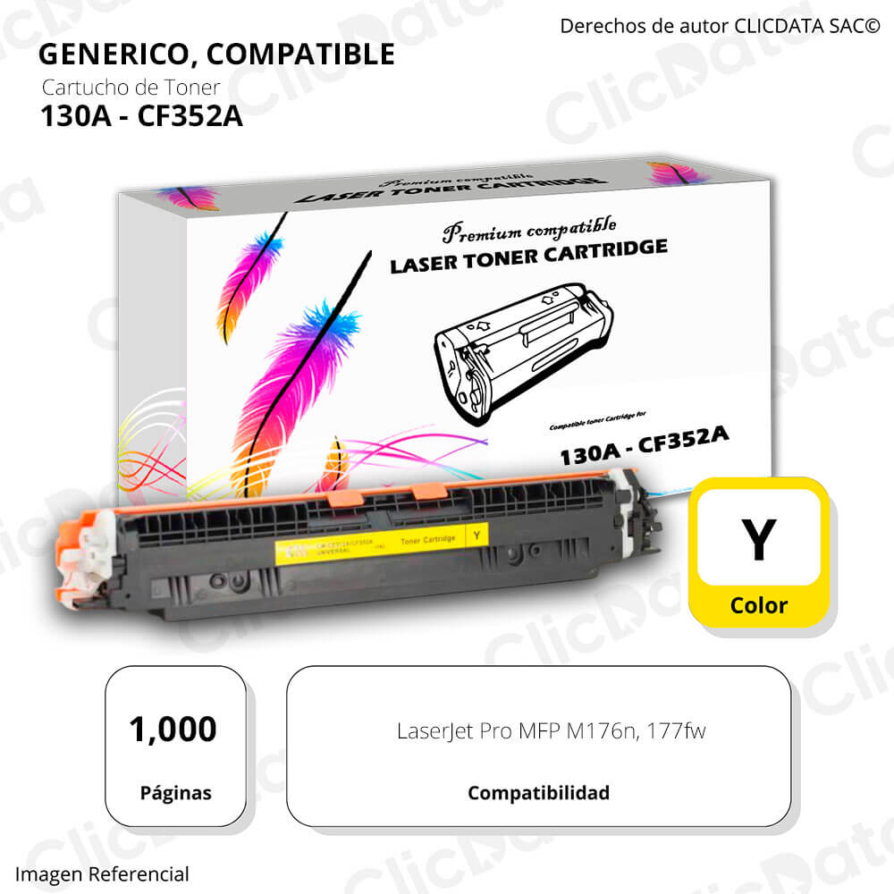 Toner HP 130A Yellow CF352A 1,000 Pág. M176n, 177fw Compatible