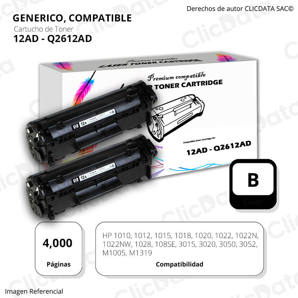 Toner HP 12AD Negro Q2612AD 4,000 Pág M1005, M1319 Compatible