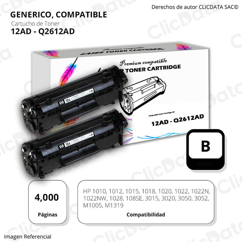 Toner HP 12AD Negro Q2612AD 4,000 Pág M1005, M1319 Compatible