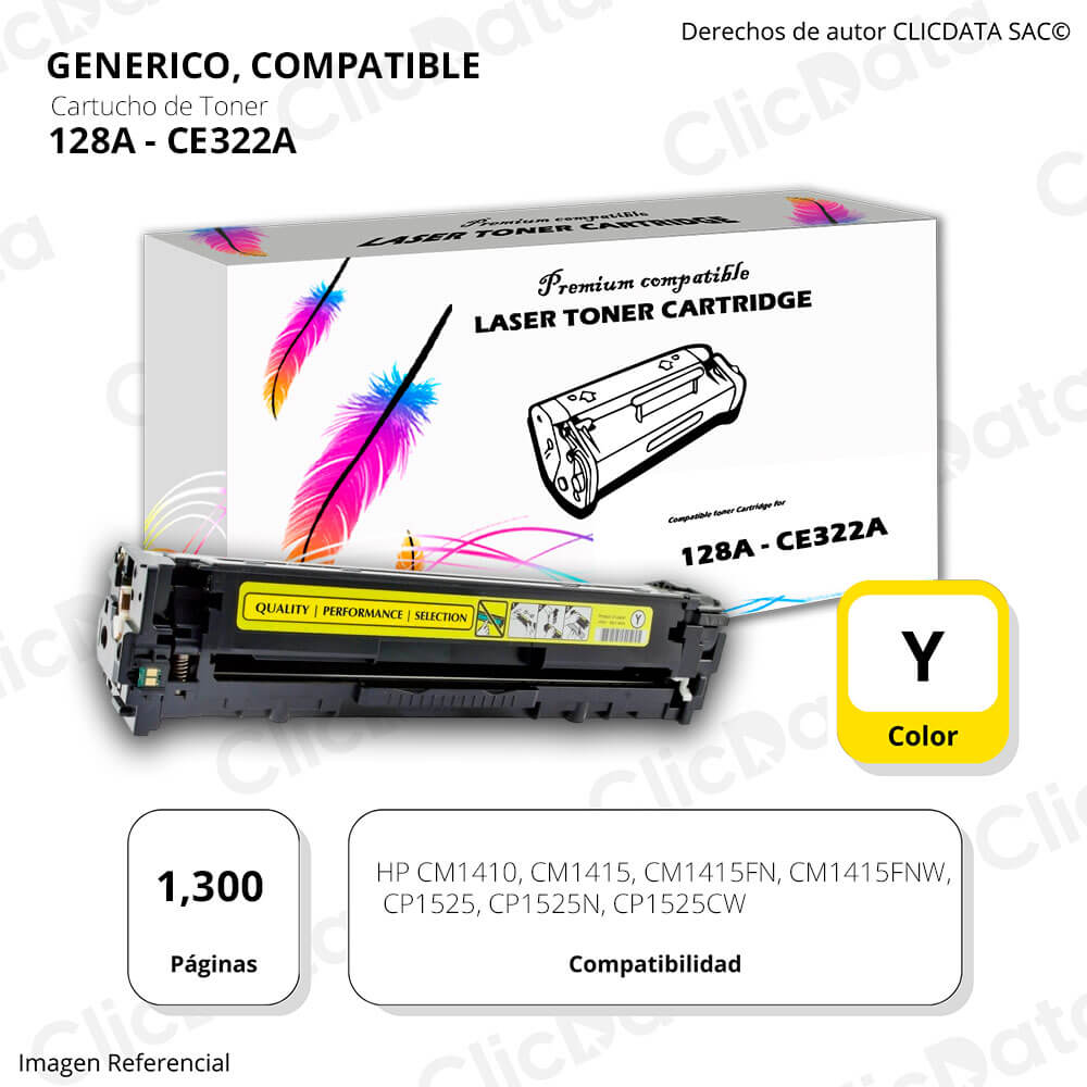Toner HP 128A Yellow CE322A 1,300 Pág. CP1525N, CM1410 Compatible