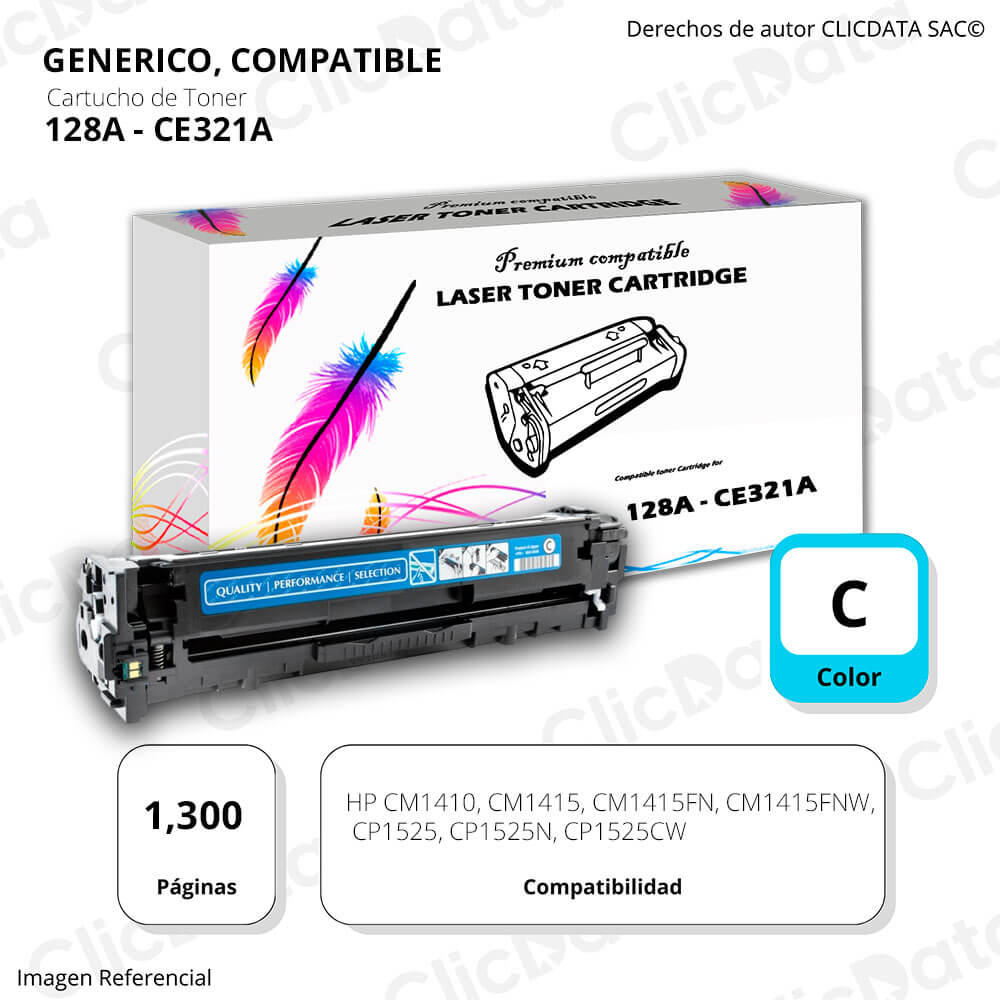 Toner HP 128A Cyan CE321A 1,300 Pág. CP1525N, CM1410 Compatible