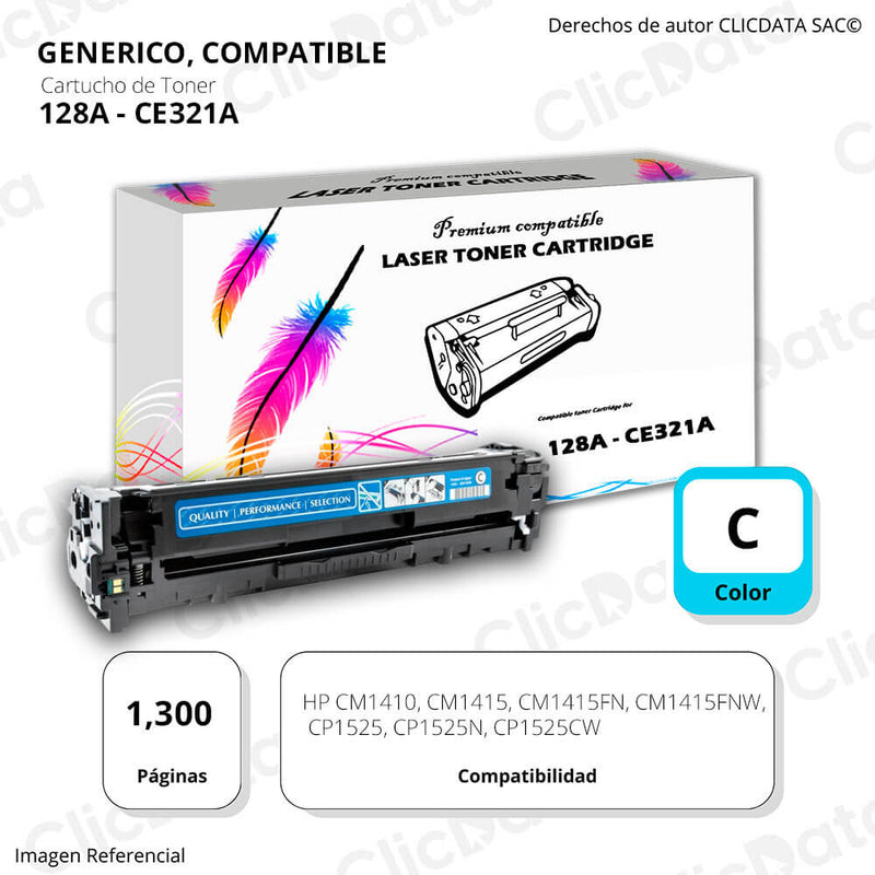 Toner HP 128A Cyan CE321A 1,300 Pág. CP1525N, CM1410 Compatible