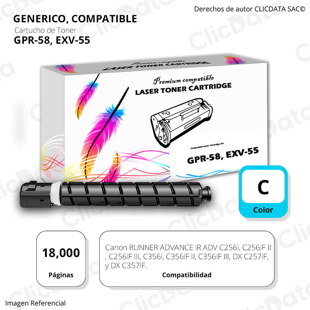 Toner Canon GPR 58, EXV55 Cyan 18,000 Pág. C256i, C356i Compatible