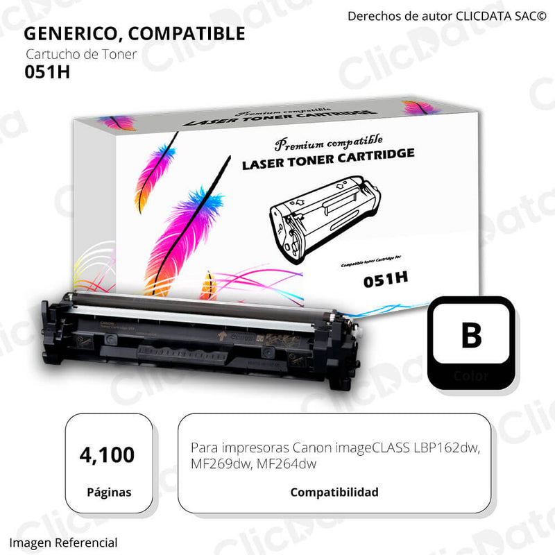 Toner Canon 051H Negro 4,100 Pág. MF269dw, MF264 Compatible