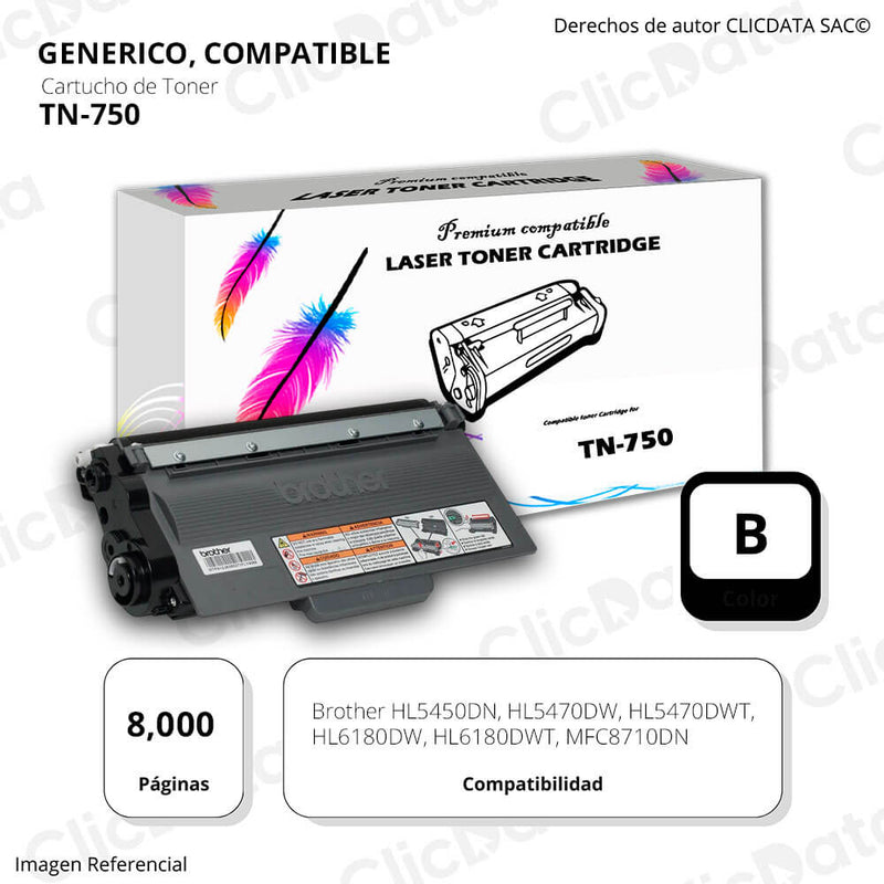 Toner Brother TN 750 Negro 8,000 Pág. HL6180DWT, MFC8710DN Compatible