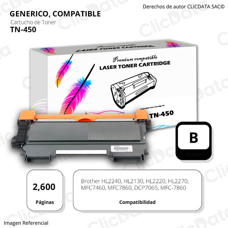 Toner Brother TN 450 Negro 2,600 Pág. hl 2240, 7860DW Compatible
