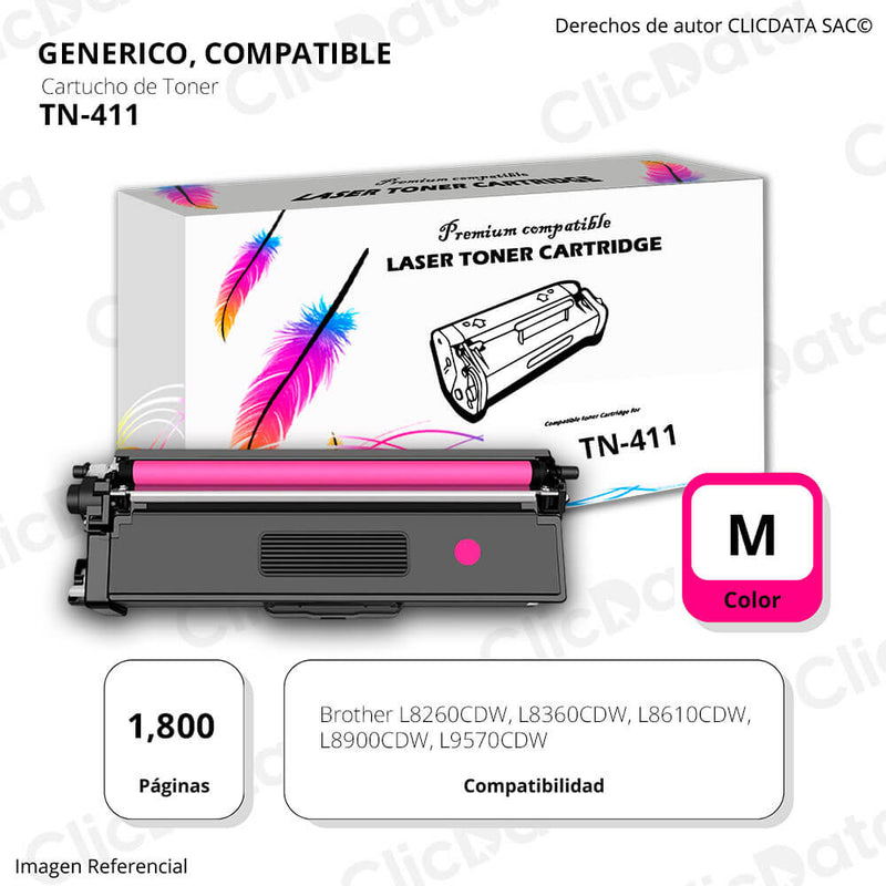 Toner Brother TN 411 Magenta 1,800 Pág. L8260CDW, L8900 Compatible
