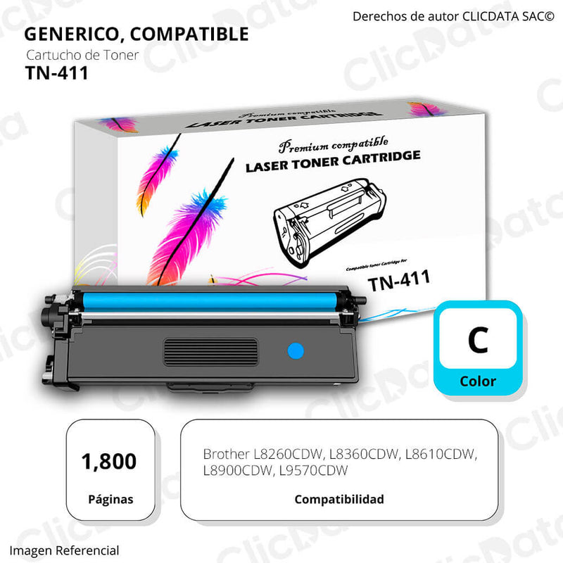 Toner Brother TN 411 Cyan 1,800 Pág. L8260CDW, L8900  Compatible