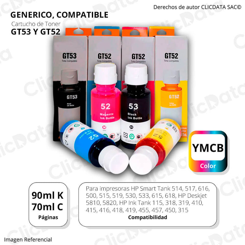 Juego de Tinta HP GT52 Y GT53 Negro 90ml y colores 70ml Compatible