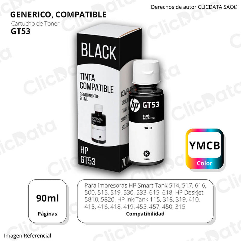 Tinta HP GT53 Negro 1VV22AL 90ml GT5800 smart 500, 600 Compatible