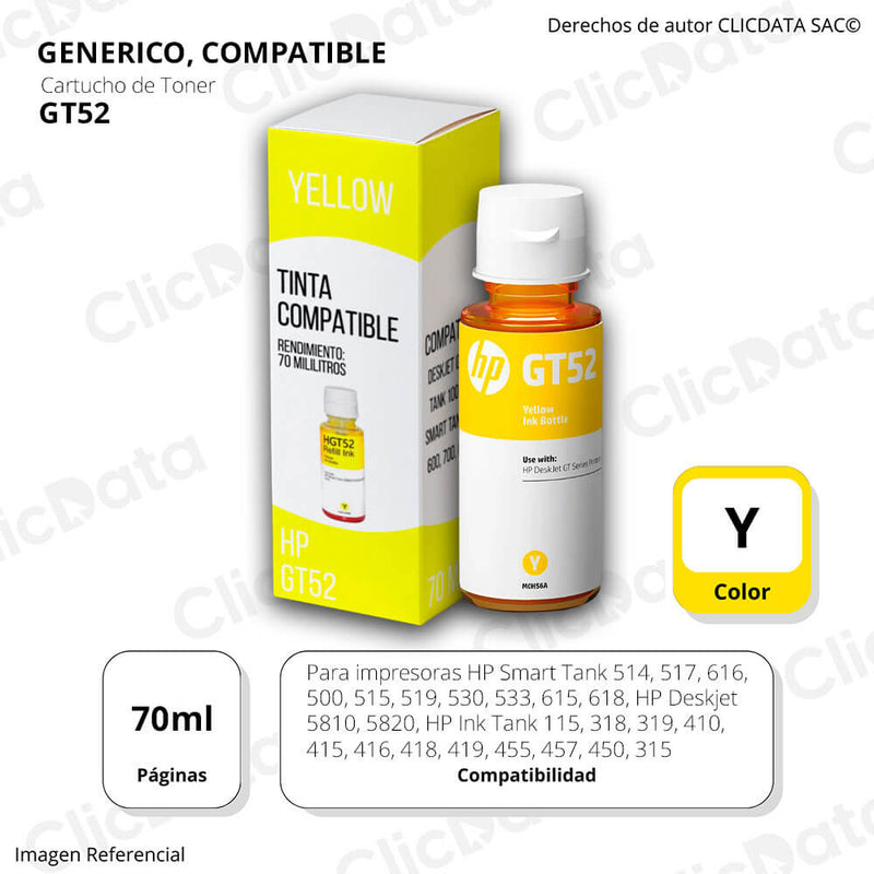 Tinta HP GT52 Yellow M0H56AL 70ml GT5800 smart 500, 600 Compatible