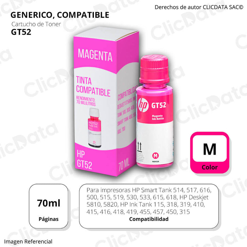Tinta HP GT52 Magenta M0H55AL 70ml GT5800 smart 500, 600 Compatible
