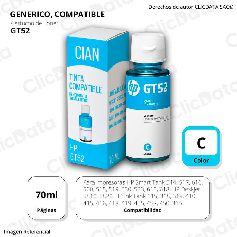 Tinta HP GT52 Cyan M0H54AL 70ml GT5800 smart 500, 600 Compatible