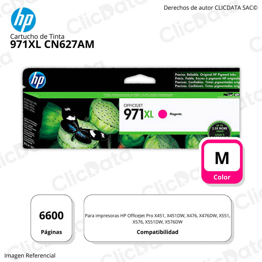Tinta Hp 971Xl Magenta Cn627Am 6,600 Pág. X451, X576dw Original