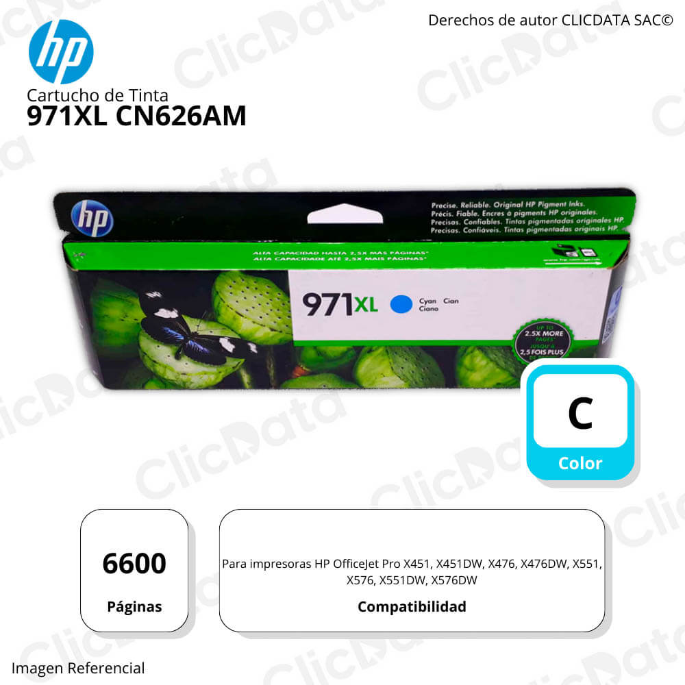 Tinta Hp 971Xl Cyan Cn626Am 6,600 Pág. X451, X576dw Original
