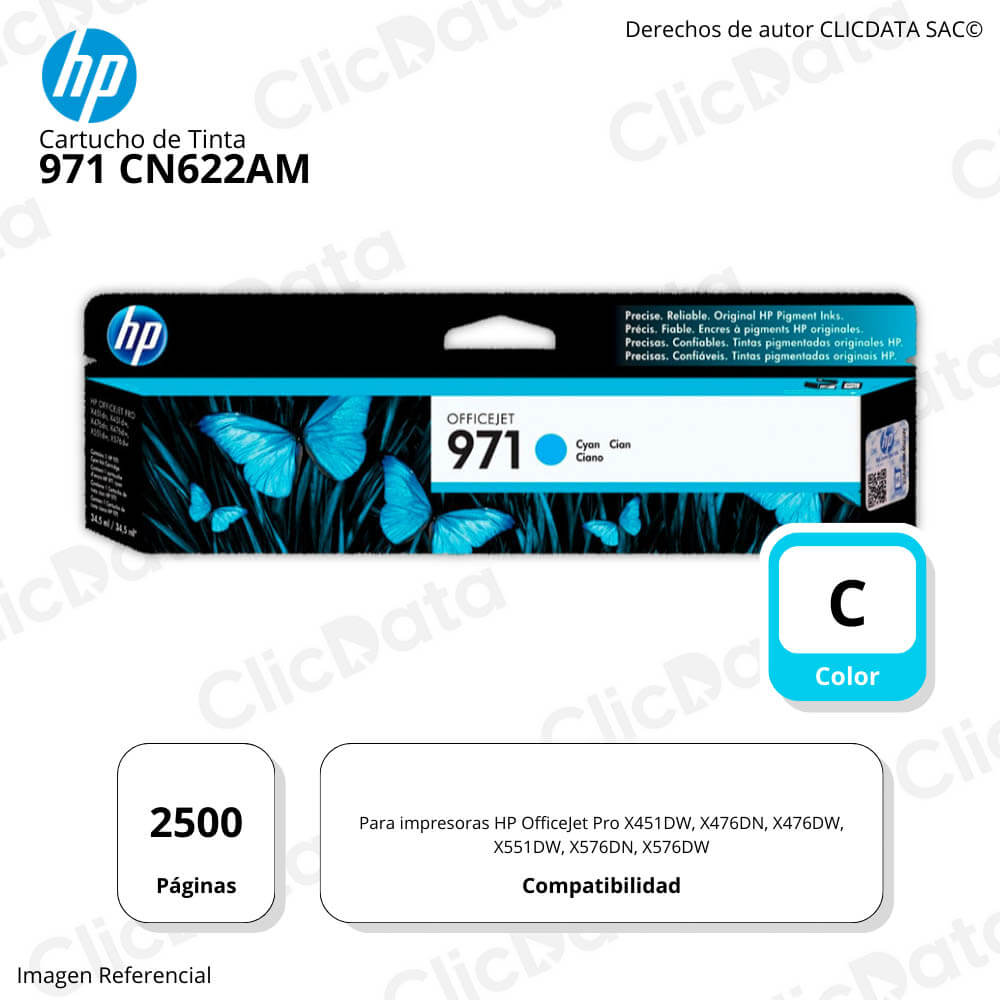 Tinta Hp 971 Cyan Cn622Am 2,500 Pág. X451, X551dw Original