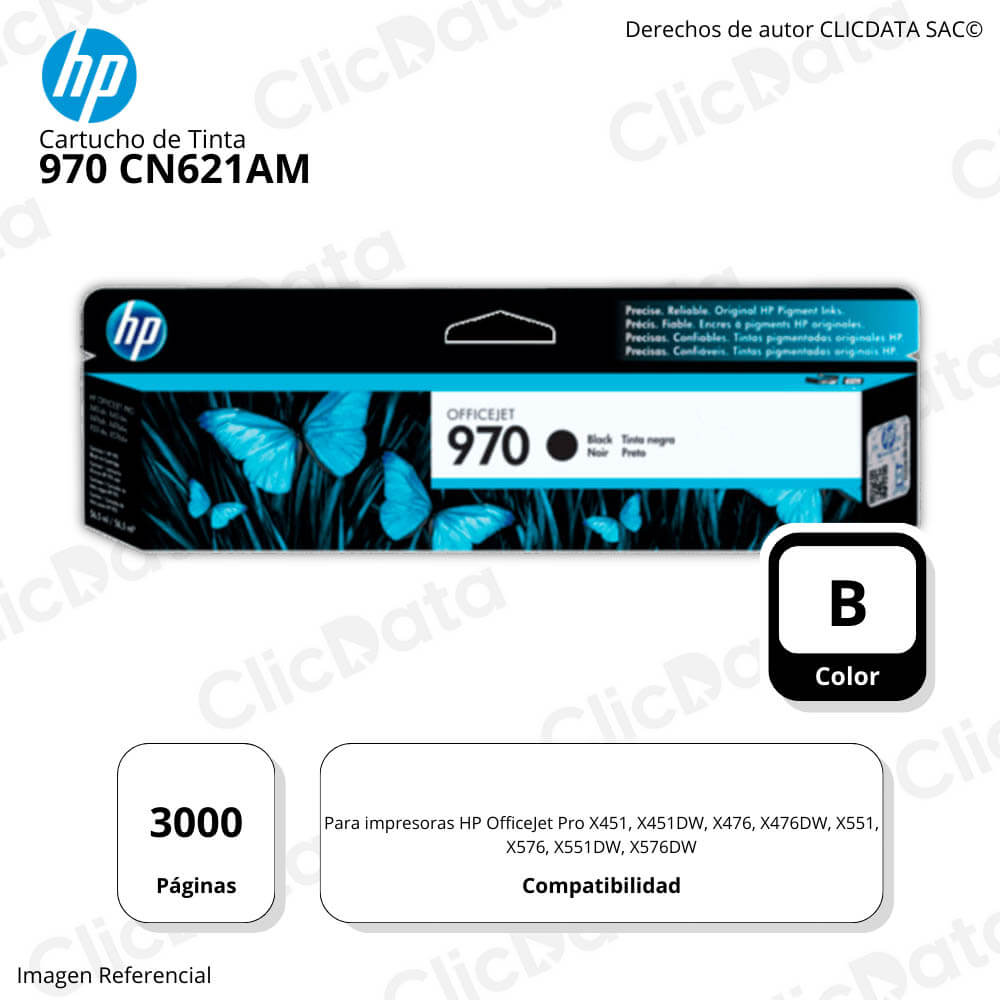 Tinta Hp 970 Negro Cn621Am 3,000 Pág. X451, X551, X576 Original