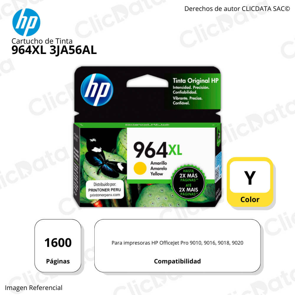 Tinta Hp 964Xl Yellow 3Ja56Al 1,600 Pág. 9010, 9020 Original