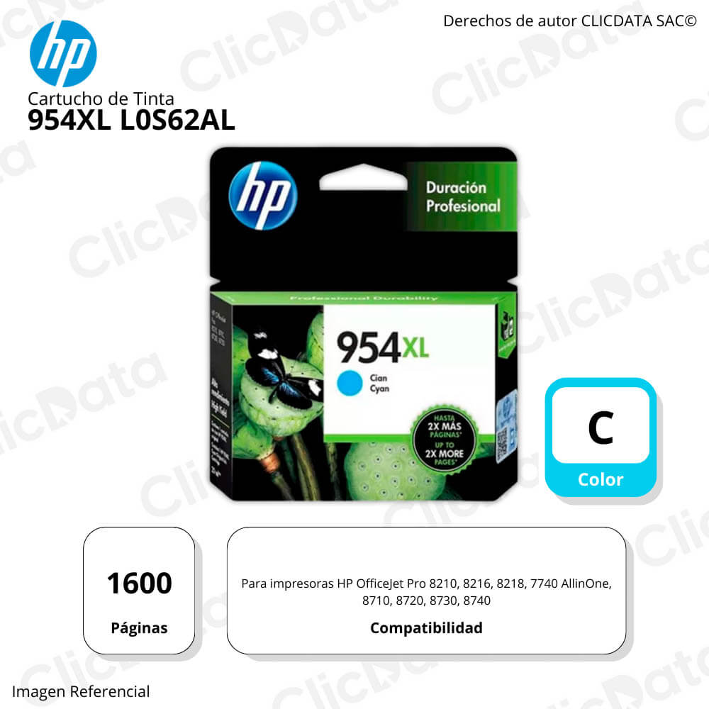 Tinta Hp 954Xl Cyan L0S62Al 1,600 Pág. 8216, 8740 Original