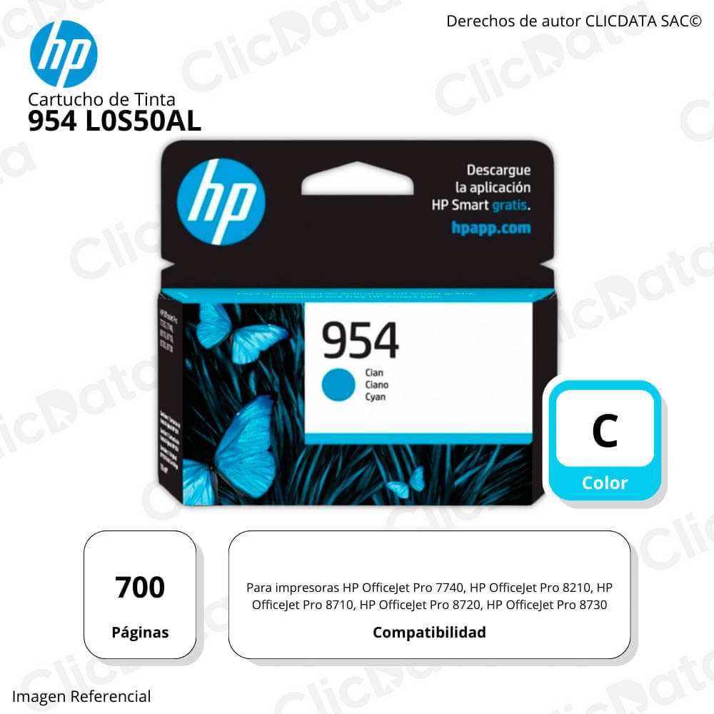 Tinta Hp 954 Cyan L0S50Al 700 Pág. Pro 7740, 8730 Original
