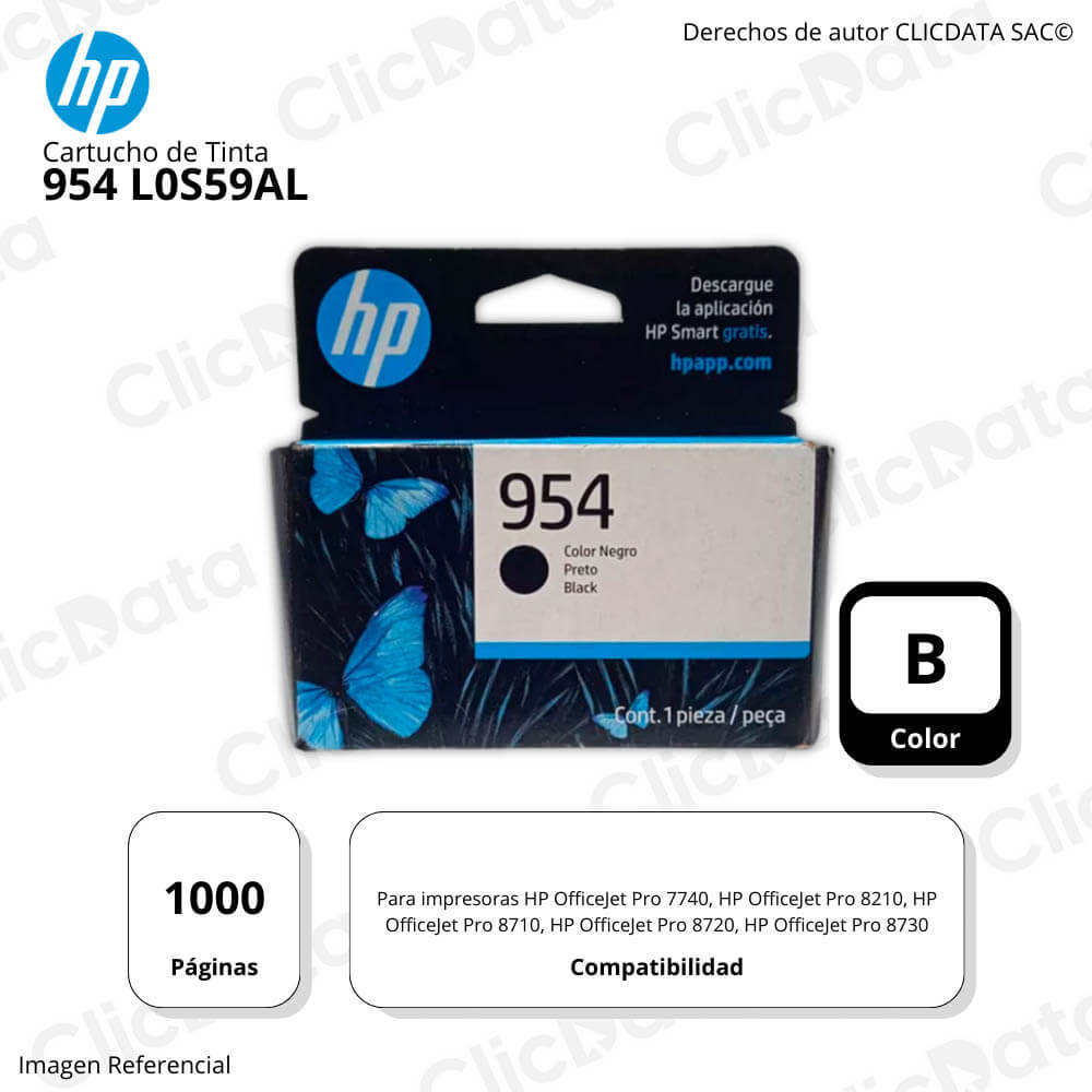 Tinta Hp 954 Black L0S59Al 1,000 Pág. Pro 8730, 7740 Original