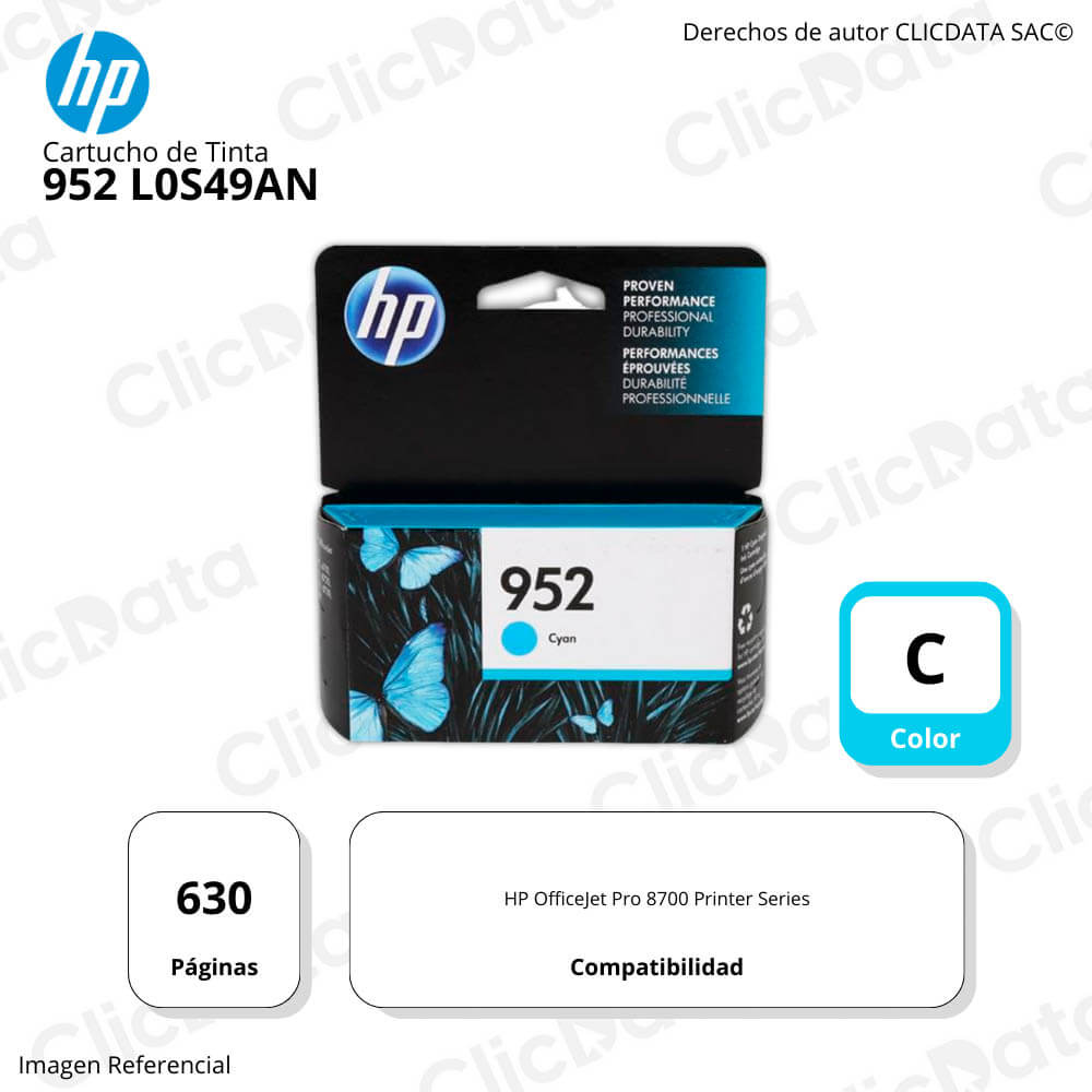 Tinta HP 952 Cyan L0S49An 630 Pág. 8700 Printer Original