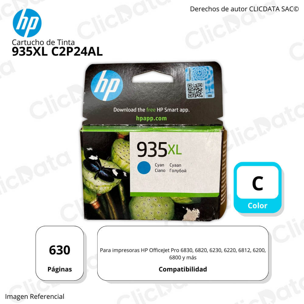 Tinta Hp 935Xl Cyan C2P24Al 825 Pág 6830, 6812 Original