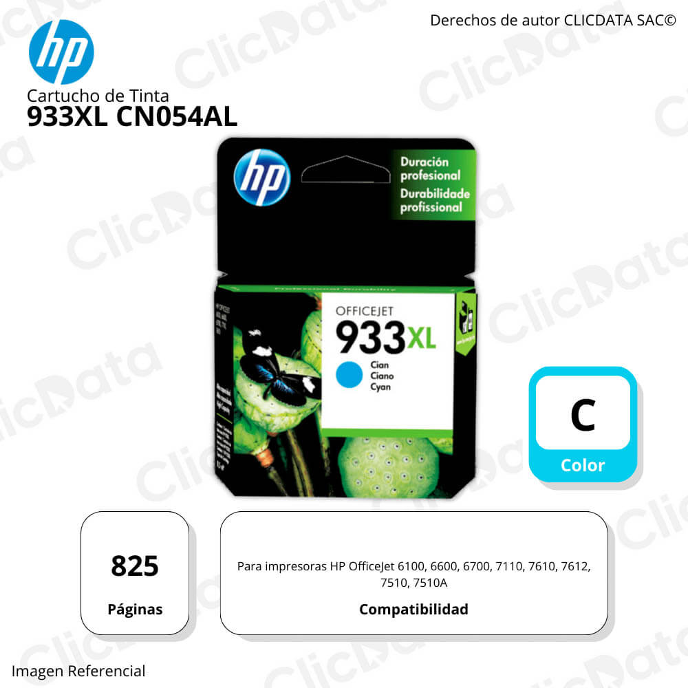Tinta Hp 933Xl Cyan Cn054Al 825 Pág. 7510, 7510A Original