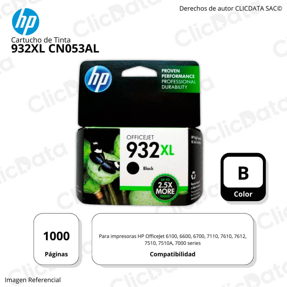 Tinta Hp 932Xl Negro Cn053Al 1,000 Pág. 6600, 7000 Original