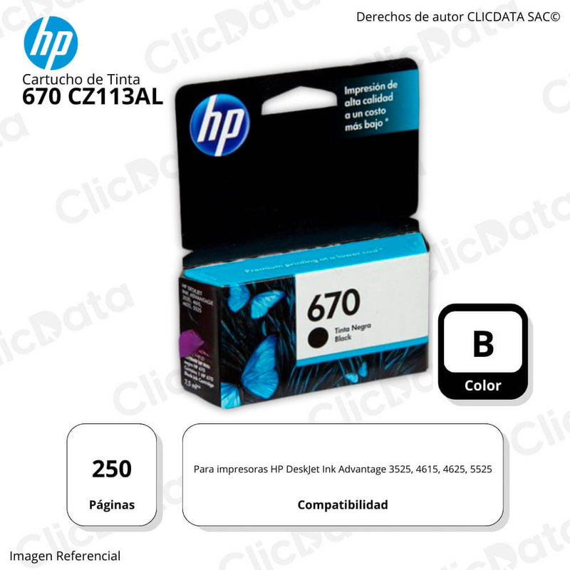 Tinta Hp 670 Negro Cz113Al 250 Pág. 3525, 4615, 5525 Original