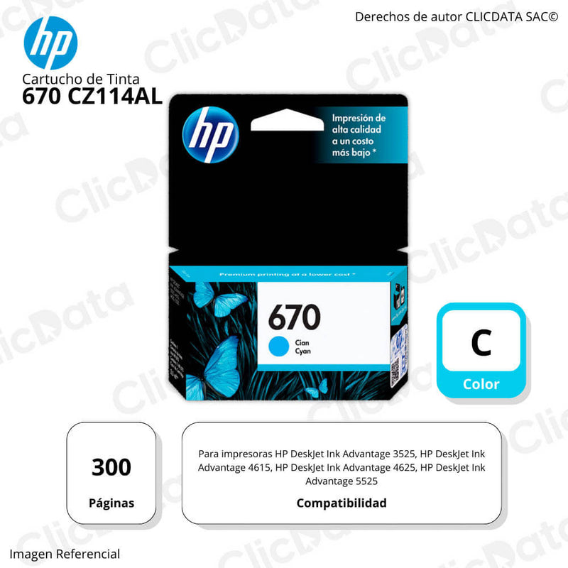 Tinta Hp 670 Cyan Cz114Al 300 Pág. 3525, 4615, 5525 Original